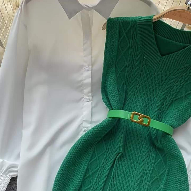 2025 Autumn Fashion ChicWaist Closing Knitting Vests Lapel White Casual Long Sleeve Shirts Female