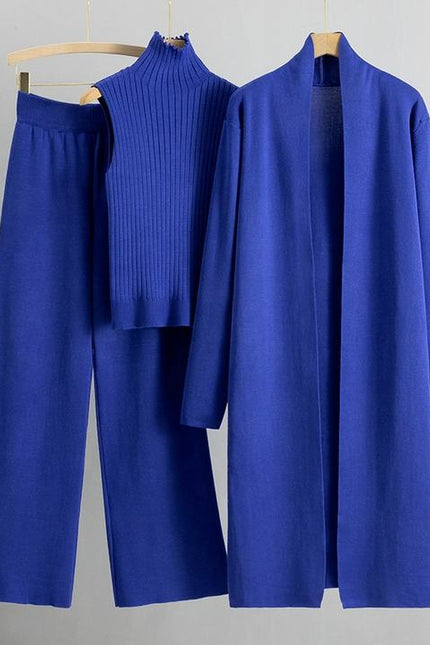 Autumn New Elegant Simple Knitted Set Sleeveless Tank Top+long Sweater Cardigan Pants Three Piece Sets