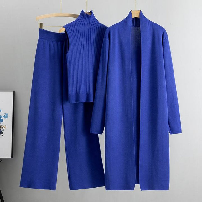 Autumn New Elegant Simple Knitted Set Sleeveless Tank Top+long Sweater Cardigan Pants Three Piece Sets