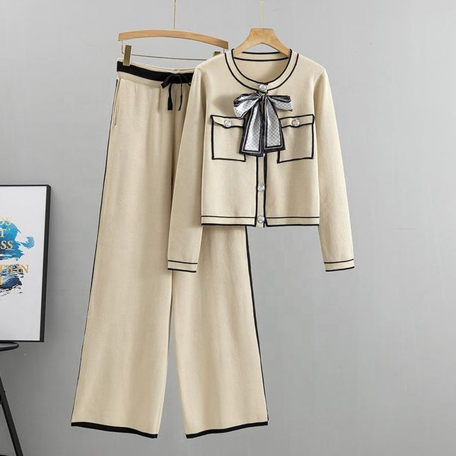 Fashion Professional Suit Women's Autumn Age-reducing Temperament Knitted Western Wide-leg Pants Two-piece Set