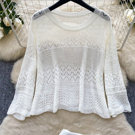 Two-piece Set Gentle Women Versatile Outfit Round-neck Short Sleeve Knitted Top Hollow-out Crocheted Hip-hugging Pencil Skirt