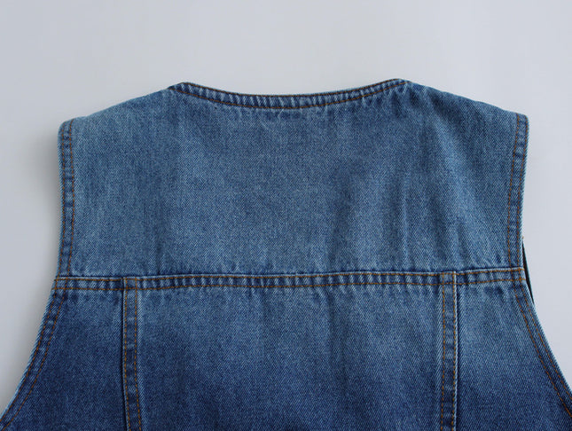V Neck Buttons up Denim Blue Color Casual Fashion Jeans Vest Waistcoat for Women