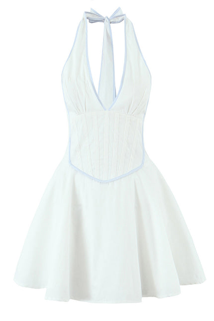 Back Hollow Out White Color Sleeveless Causal Fashion Summer Mini Cotton Halter Dress for Women