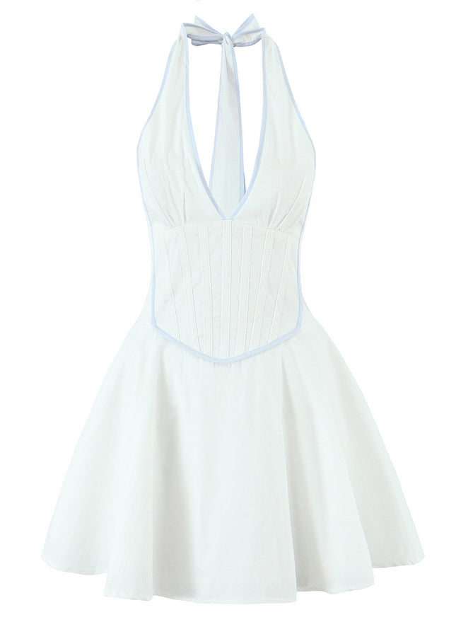 Back Hollow Out White Color Sleeveless Causal Fashion Summer Mini Cotton Halter Dress for Women