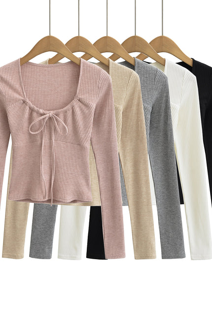 5 Colorway Front Lace up Long Sleeve Solid Color Knitted Casual Fashion Women t Shirt