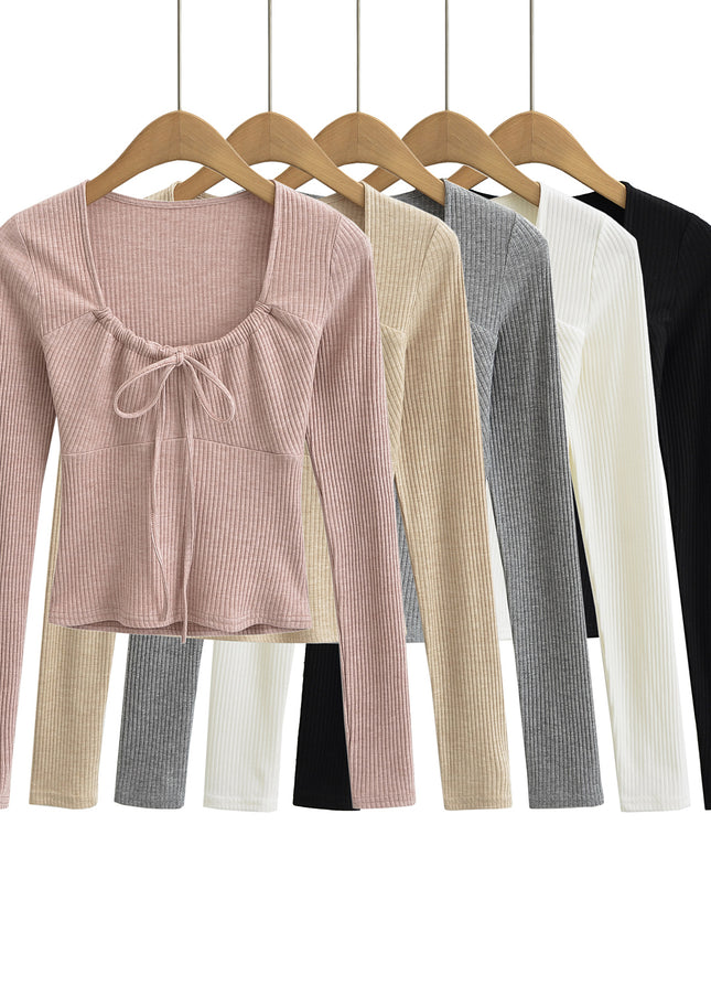 5 Colorway Front Lace up Long Sleeve Solid Color Knitted Casual Fashion Women t Shirt