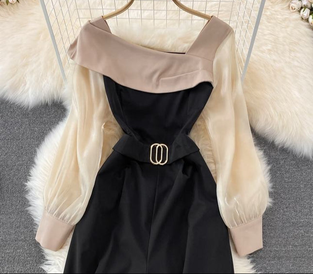 Fashion Long Sleeve Ruffle Women Spring Autumn High Waist Straight Wide Leg Jumpsuit