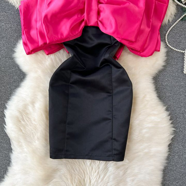 Women Rose Red Bow Splicing Tank Sleeveless Sleeveless Pencil Dress 2024 Summer Sexy Party Prom Club Bodycon