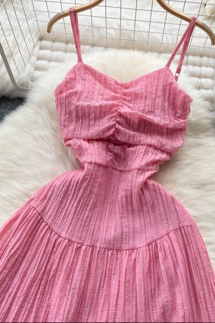 Vacation Style Halter Beach Dress Hollowed Out Strappy Pink Backless Dresses