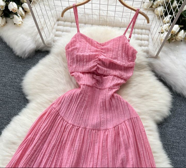 Vacation Style Halter Beach Dress Hollowed Out Strappy Pink Backless Dresses