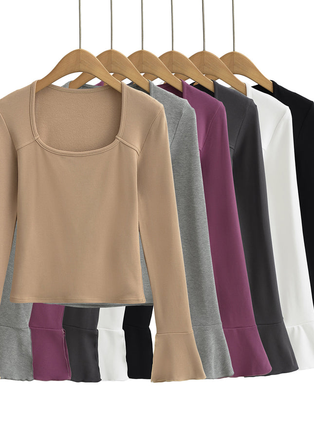 6 Colorway square Collar Solid Color Long Flare Sleeve With Slit Casual Fashion Women t Shirt