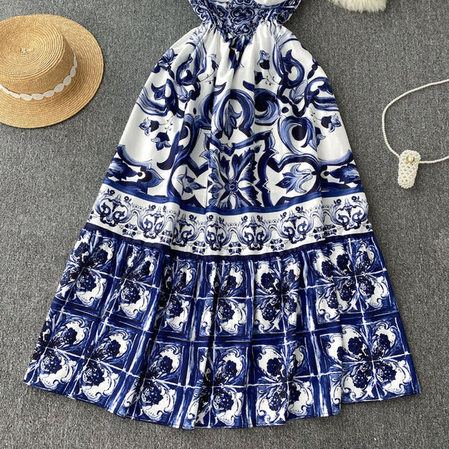 Sleeveless Print A-line Dress Summer Simple High Waist Maxi Dress Ladies Elegant Dresses Clothes Women Wholesale