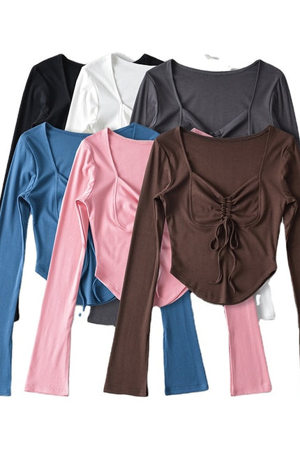 6 Colorway square Collar Front Lace up Long Sleeve Solid Color Casual Women t Shirt