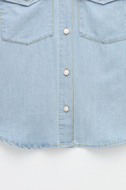 Turn Down Collar Long Sleeve Denim Blue Color Buttons up Casual Fashion Jeans Tops Blouse for Women