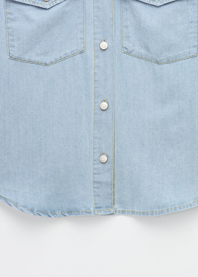 Turn Down Collar Long Sleeve Denim Blue Color Buttons up Casual Fashion Jeans Tops Blouse for Women