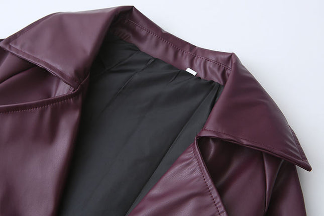 Notched Collar Burgundy Color Long Sleeve Notched Collar Casual Fashion Leather Biker Jacket for Women