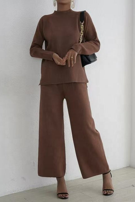 Lazy Style Pullover With Split Long Sleeves Knitted Autumn and Winter Sweater Two-piece Set High Waisted Casual Wide Leg Pants