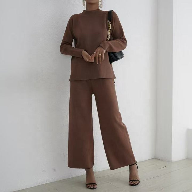 Lazy Style Pullover With Split Long Sleeves Knitted Autumn and Winter Sweater Two-piece Set High Waisted Casual Wide Leg Pants