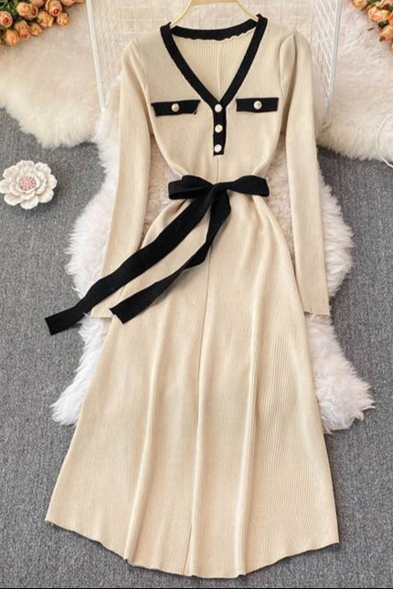 Autumn Winter New Knitted V-Neck Long Sleeve Women Black Sweater Fashion Casual Dresses