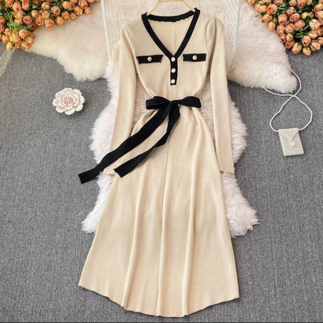 Autumn Winter New Knitted V-Neck Long Sleeve Women Black Sweater Fashion Casual Dresses