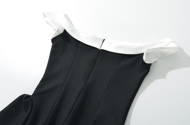 Slash Neck Black Color Zipper Fly Short Sleeve Casual Fashion Summer Mini Dress for Women