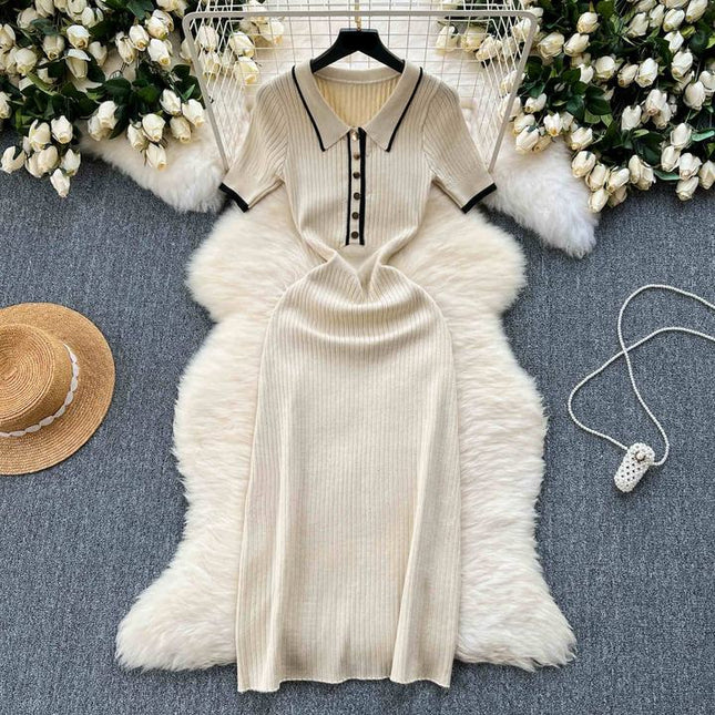 Knitted Short Sleeve Slim Solid Color Ol Simple Tight Dress Women