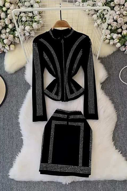 Spring and Autumn New Hot Diamond Cardigan Zipper Top+Hot Diamond A-line Skirt Internet Red Two Piece Set for Women