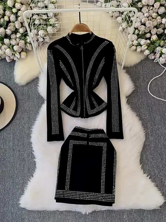 Spring and Autumn New Hot Diamond Cardigan Zipper Top+Hot Diamond A-line Skirt Internet Red Two Piece Set for Women