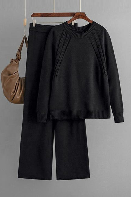 Autumn and Winter New Knitted Suits Solid Color Round Neck Sweater + Loose Wide Leg Pants One Size Two-piece Set