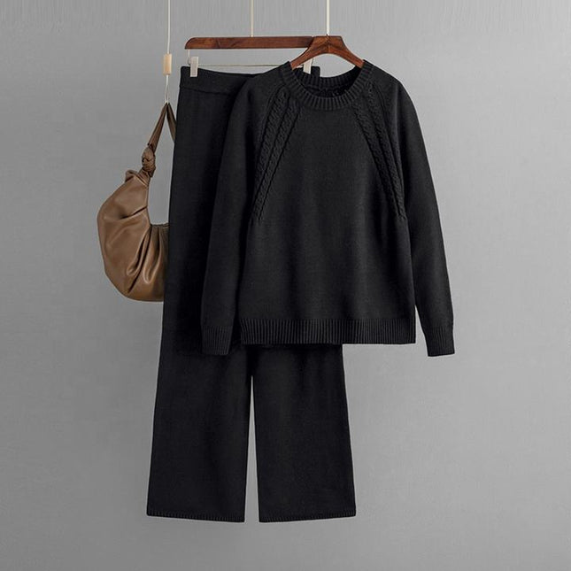 Autumn and Winter New Knitted Suits Solid Color Round Neck Sweater + Loose Wide Leg Pants One Size Two-piece Set
