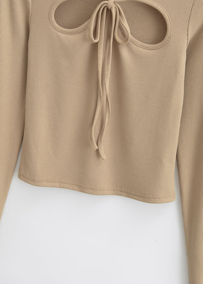 4 Colorway Front Hollow Out Long Sleeve Crew Neck Knitted Casual Fashion Women t Shirt