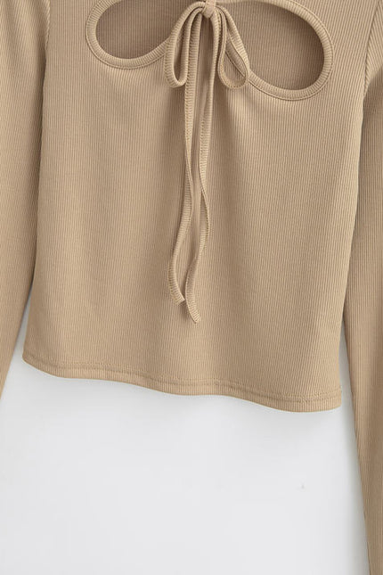 4 Colorway Front Hollow Out Long Sleeve Crew Neck Knitted Casual Fashion Women t Shirt