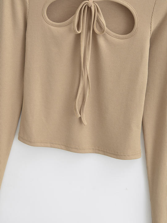 4 Colorway Front Hollow Out Long Sleeve Crew Neck Knitted Casual Fashion Women t Shirt