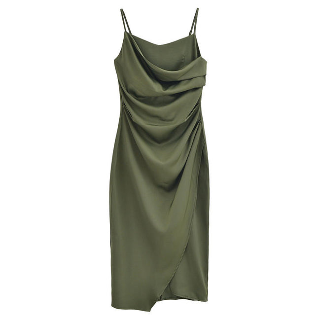 3 Colorway Front Slit Pleated Solid Color Spaghetti Strap Casual Fashion Women Long slip Dress