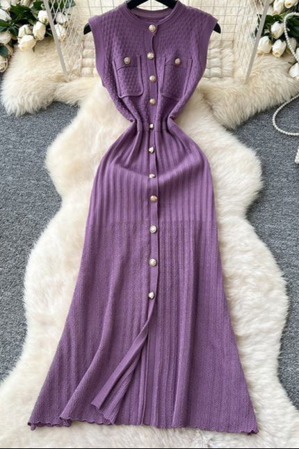 Round Neck Sleeveless Metal Buckle Slim Fit and Slimming Knitted Dress for Women Summer New Style
