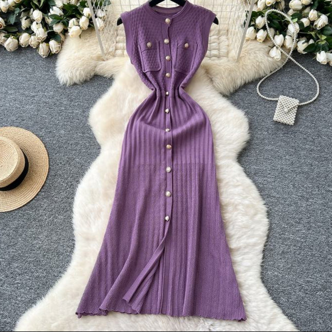 Round Neck Sleeveless Metal Buckle Slim Fit and Slimming Knitted Dress for Women Summer New Style