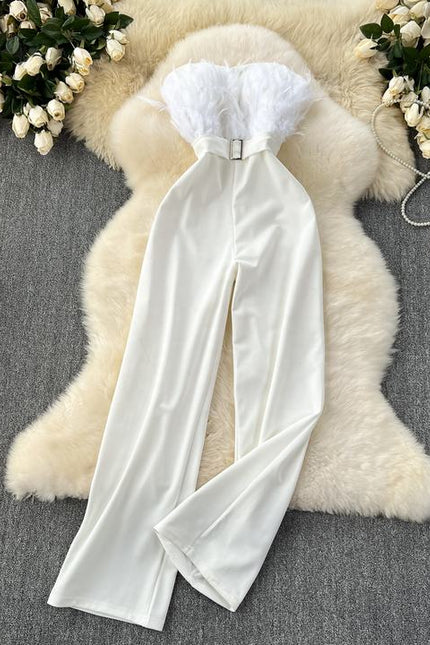 Summer New Sleeveless Sexy White Feather Splicing Chest Slimming Jumpsuit