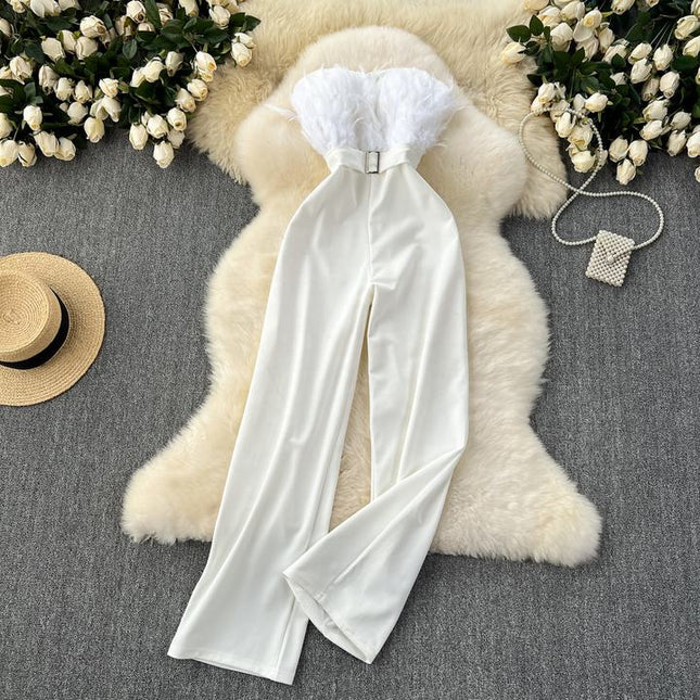 Summer New Sleeveless Sexy White Feather Splicing Chest Slimming Jumpsuit