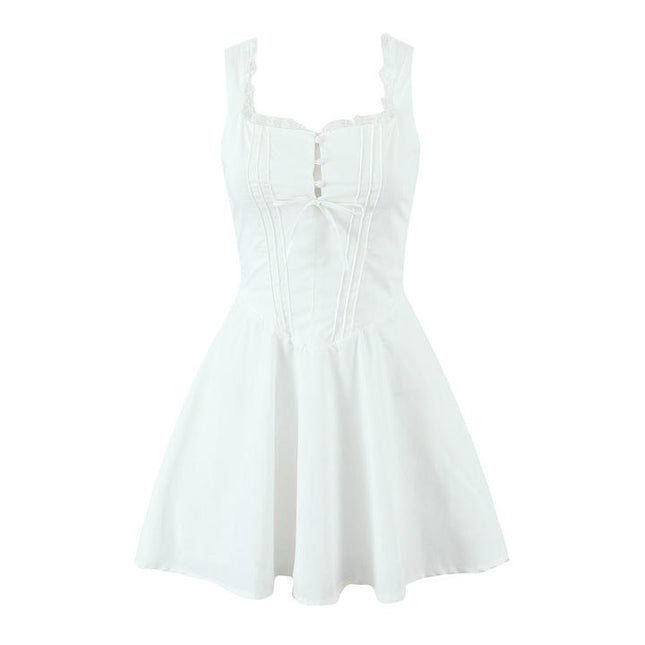 4 Colorway Solid Color Front Lace Shoulder Strap Casual Fashion Summer Mini Dress for Ladies