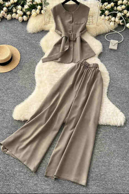 Round Neck Sleeveless Vest Women High Waist Casual Wide Leg Pants Summer Two Piece Suit