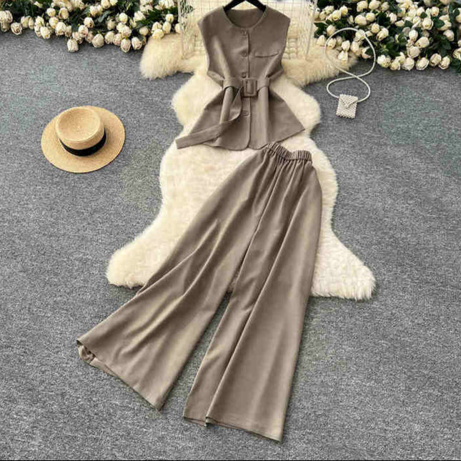 Round Neck Sleeveless Vest Women High Waist Casual Wide Leg Pants Summer Two Piece Suit
