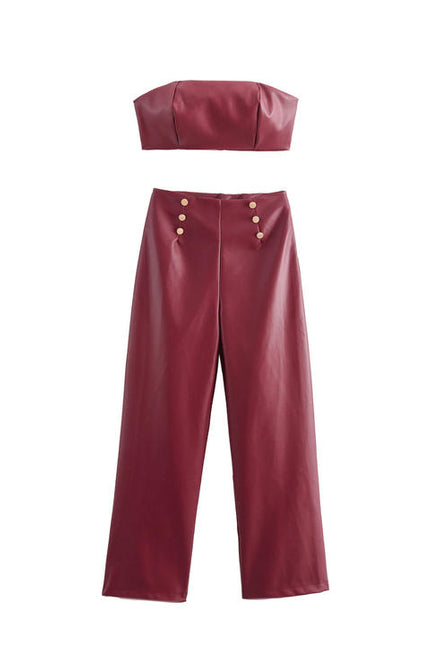 Strapless Burgundy Color Crop tank Top Front Buttons Long Pants Casual Fashion Women 2 Piece Set