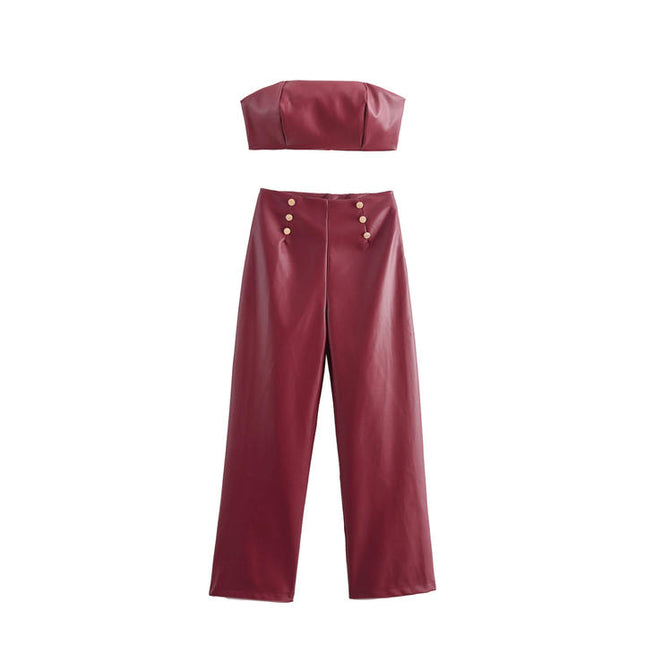 Strapless Burgundy Color Crop tank Top Front Buttons Long Pants Casual Fashion Women 2 Piece Set