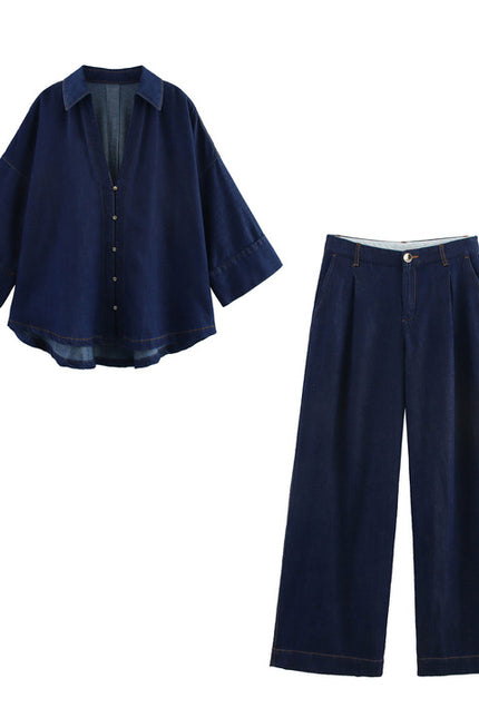 Turn Down Collar Buttons up Long Sleeve Denim Blue Color Casual Fashion Jeans Tops Blouse for Women