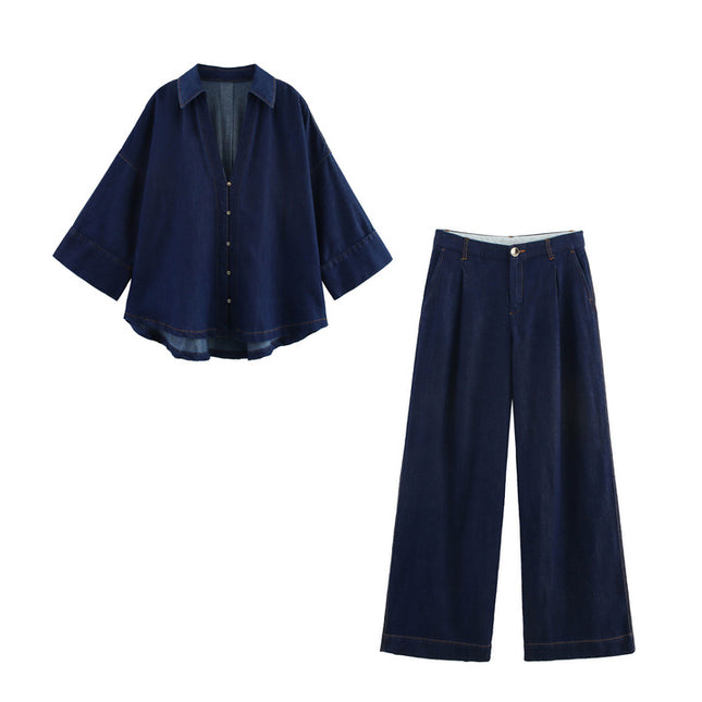 Turn Down Collar Buttons up Long Sleeve Denim Blue Color Casual Fashion Jeans Tops Blouse for Women