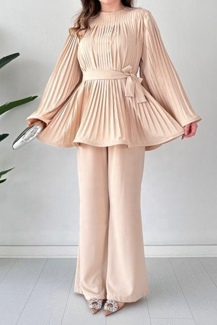 Hot Sale Women'S Suit New Fashion Tie Pleated Loose Top Wide Leg Trousers Two 2 Piece Pants Set Women Clothing