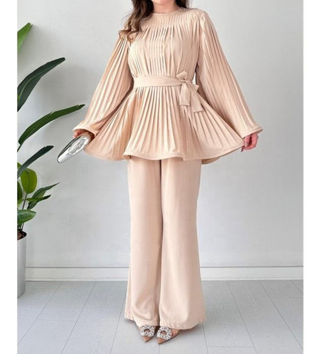 Hot Sale Women'S Suit New Fashion Tie Pleated Loose Top Wide Leg Trousers Two 2 Piece Pants Set Women Clothing