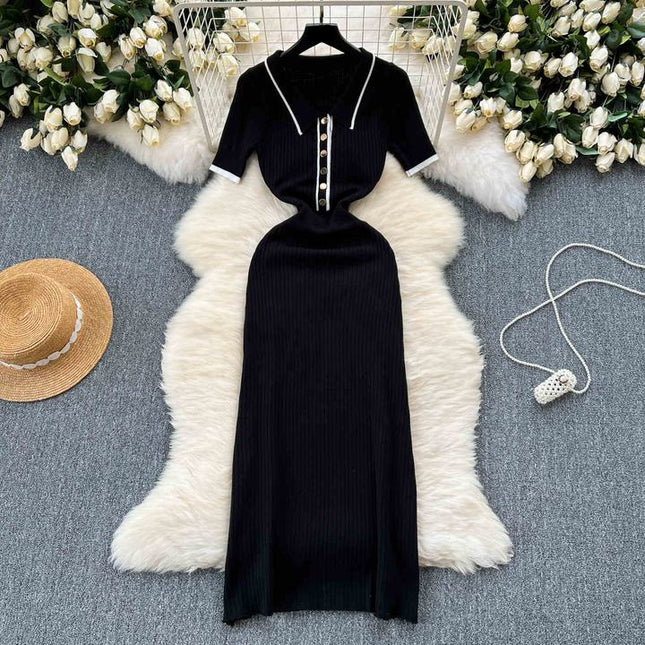 Knitted Short Sleeve Slim Solid Color Ol Simple Tight Dress Women
