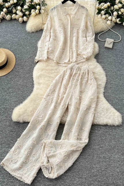Women's Fashion Wrinkle Large Size Long Sleeve Shirt High Waist Wide Leg Trouser Set