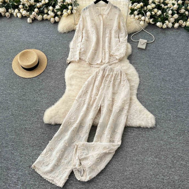 Women's Fashion Wrinkle Large Size Long Sleeve Shirt High Waist Wide Leg Trouser Set